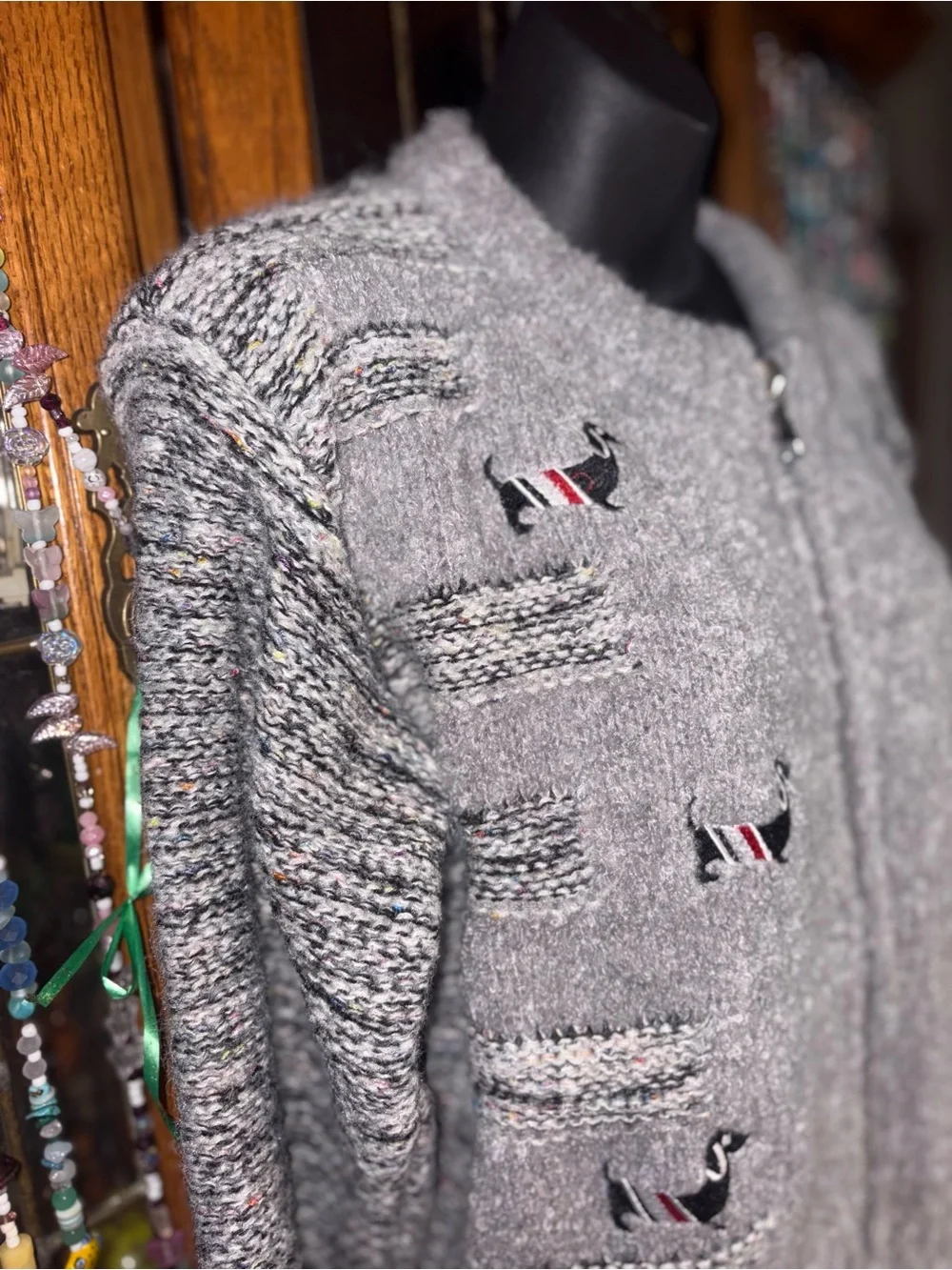 DOG EMBROIDERED DOUBLE ZIP-UP KNITTED CARDIGAN